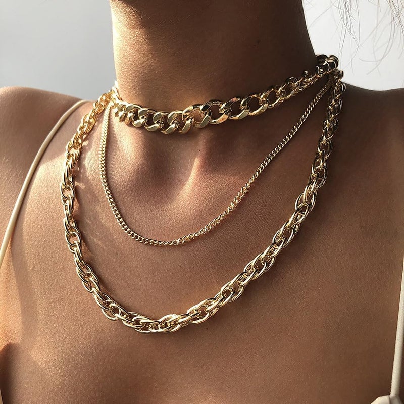 ANGLEQUEEN Chunky Silver Necklaces for Women Silver Layered Pirate Necklaces Punk 8090s Hip Hop Cuban Link Chain Necklace Layered Choker Necklace Pirate Prom Jewelry Freaknik Outfit Accessories - Image 2